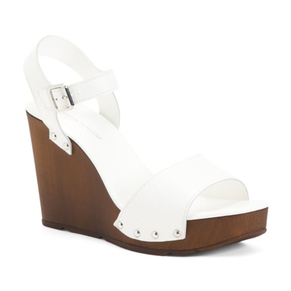 CHRISTIAN DI RICCIO White Leather Wooden Wedge Sandals Shoes  Made in Italy Sz 8 - Picture 2 of 6